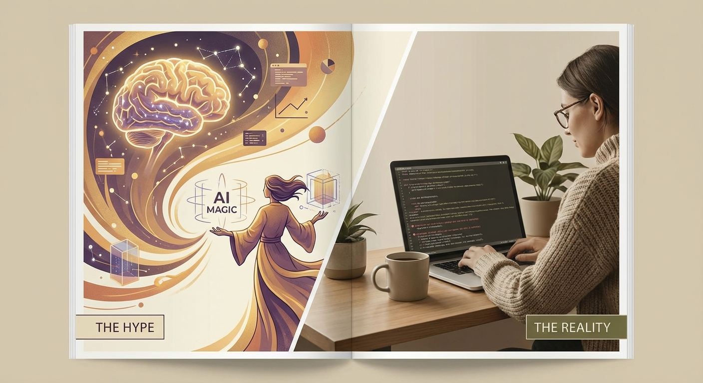 AI 마법 환상과 현실적인 오류 점검 장면의 대비