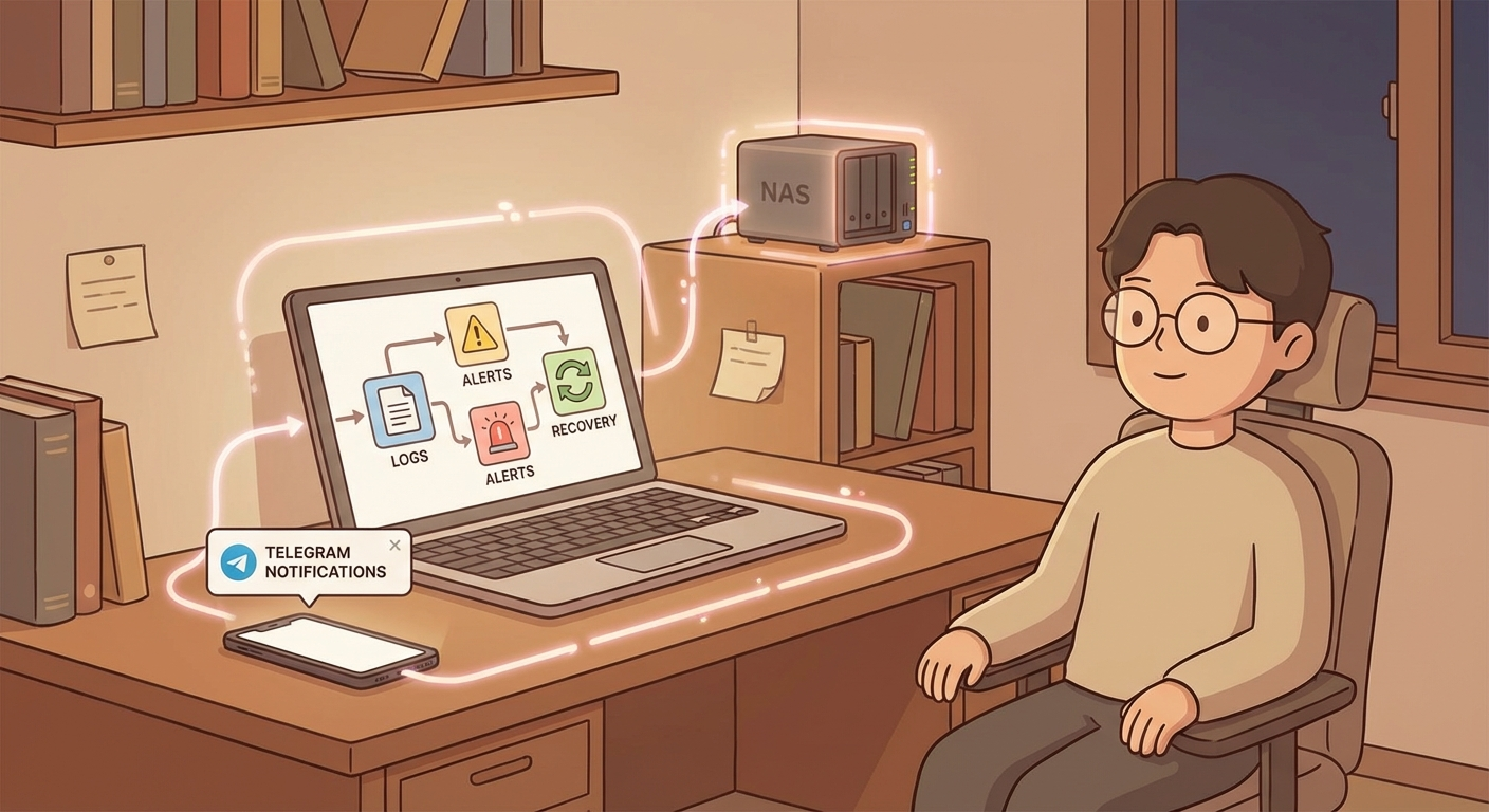 로그와 알림, 복구 흐름을 보여주는 자동매매 운영 일러스트