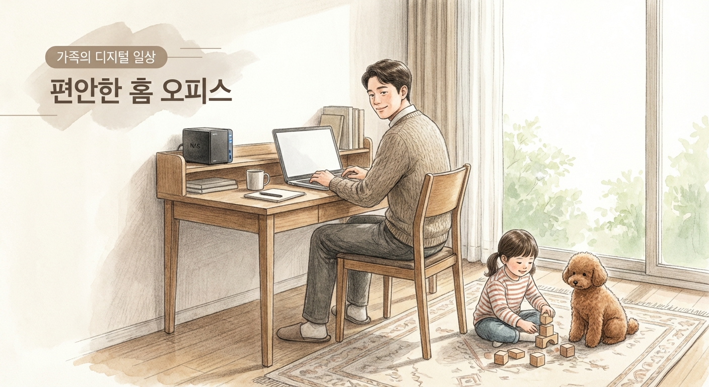 가장과 딸, 푸들, NAS가 함께 있는 따뜻한 작업실 풍경