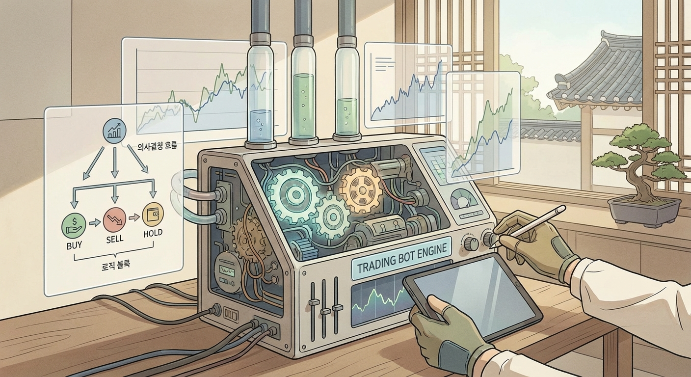 튜닝과 보정이 이어지는 자동매매 엔진 일러스트