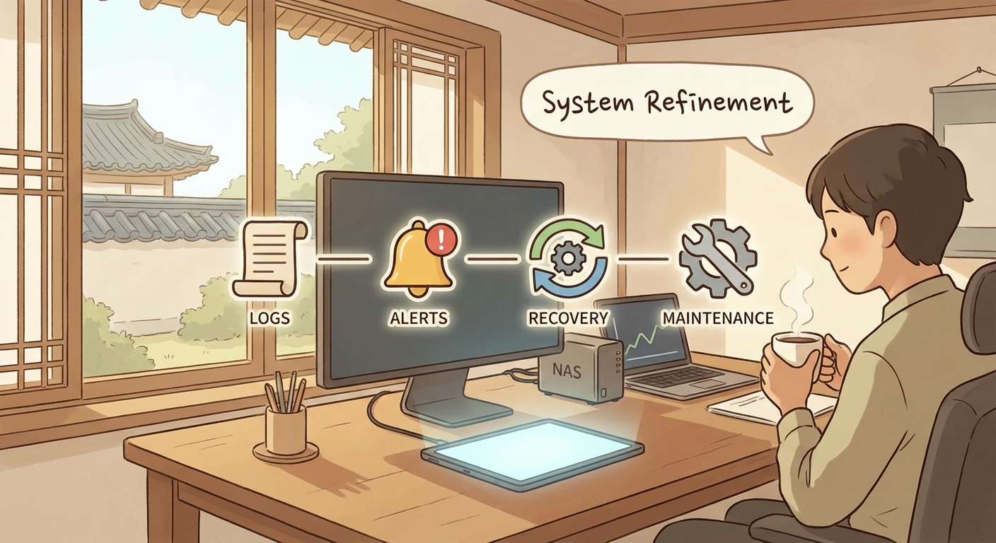 로그와 알림, 유지보수 흐름을 보여주는 일러스트