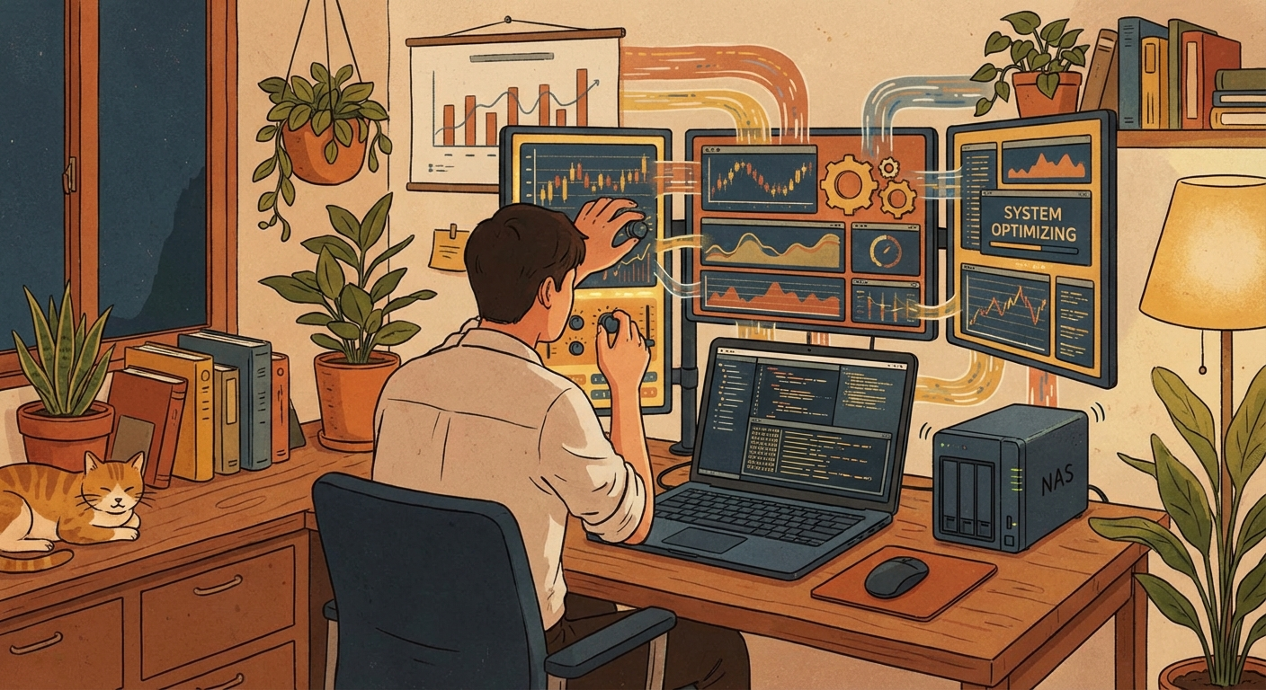 계속 조정되는 자동매매 시스템을 상징하는 일러스트