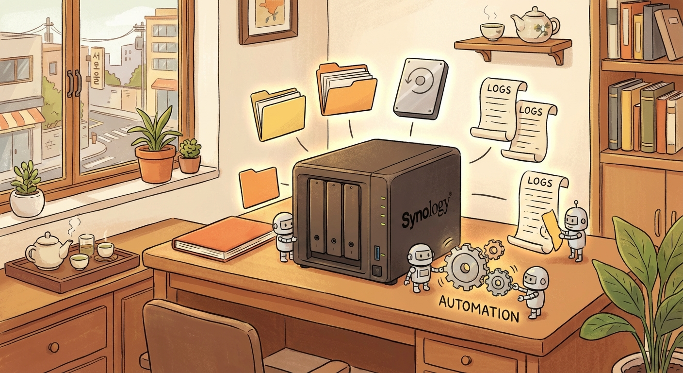 파일과 로그, 자동화가 NAS 주변에 모이는 일러스트