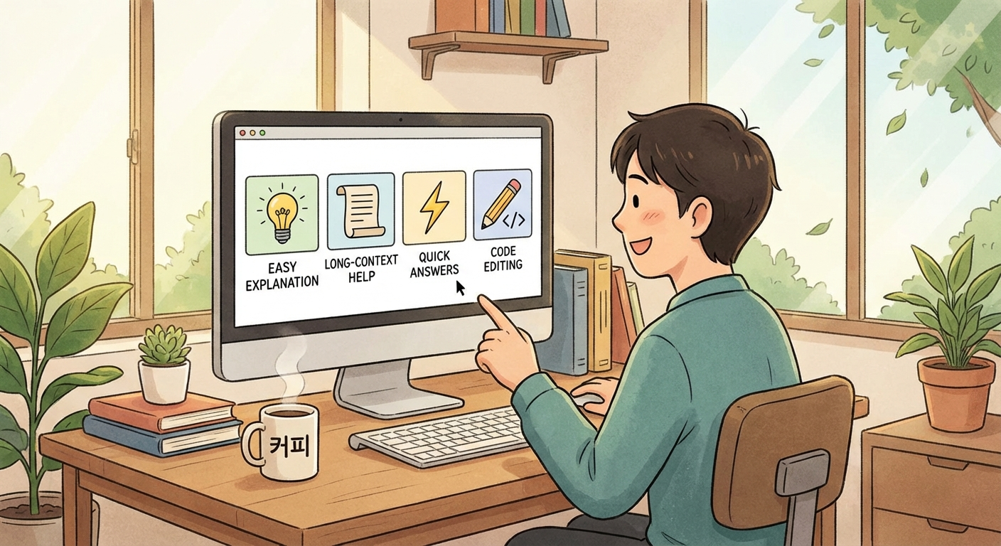 여러 AI 코딩 도구의 역할을 비교하는 일러스트