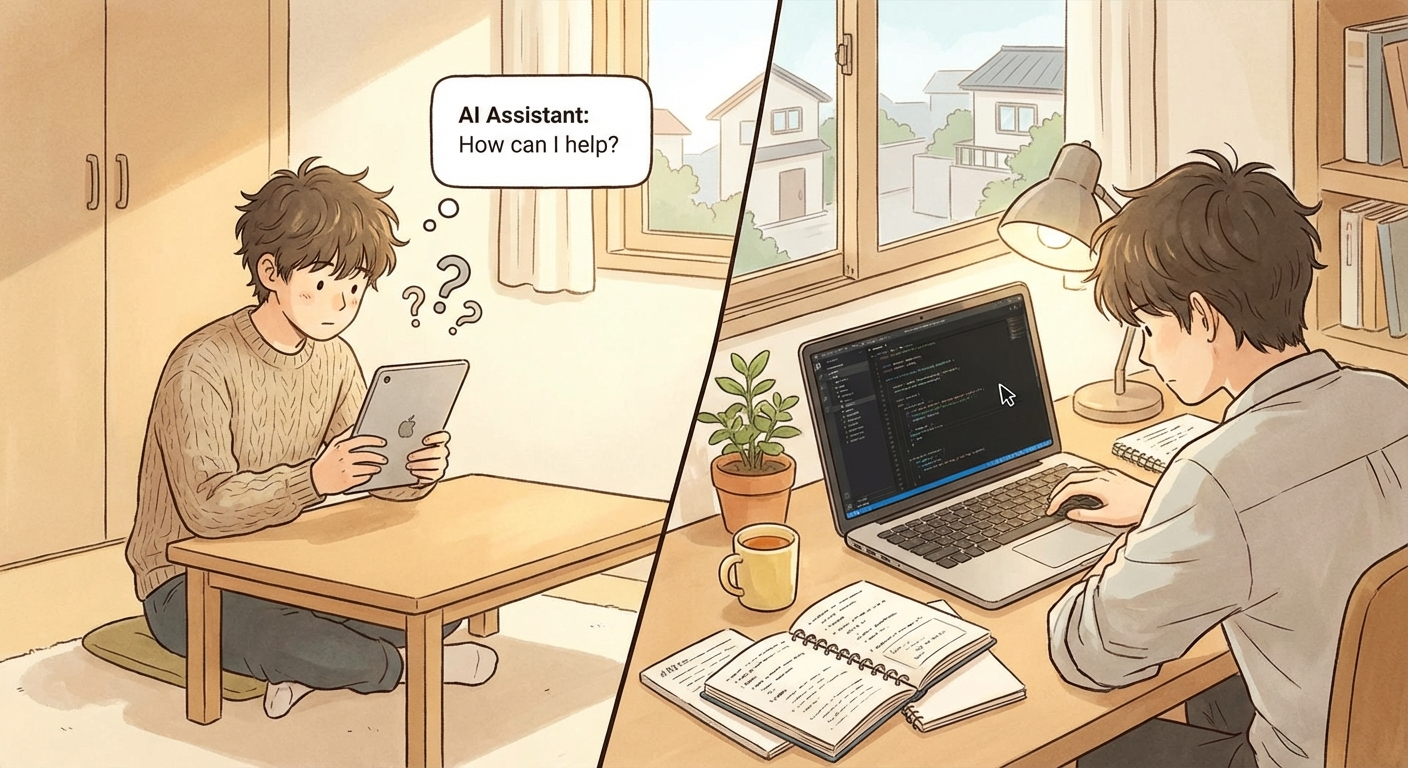 질문에서 실제 구현으로 넘어가는 바이브코딩 흐름 일러스트