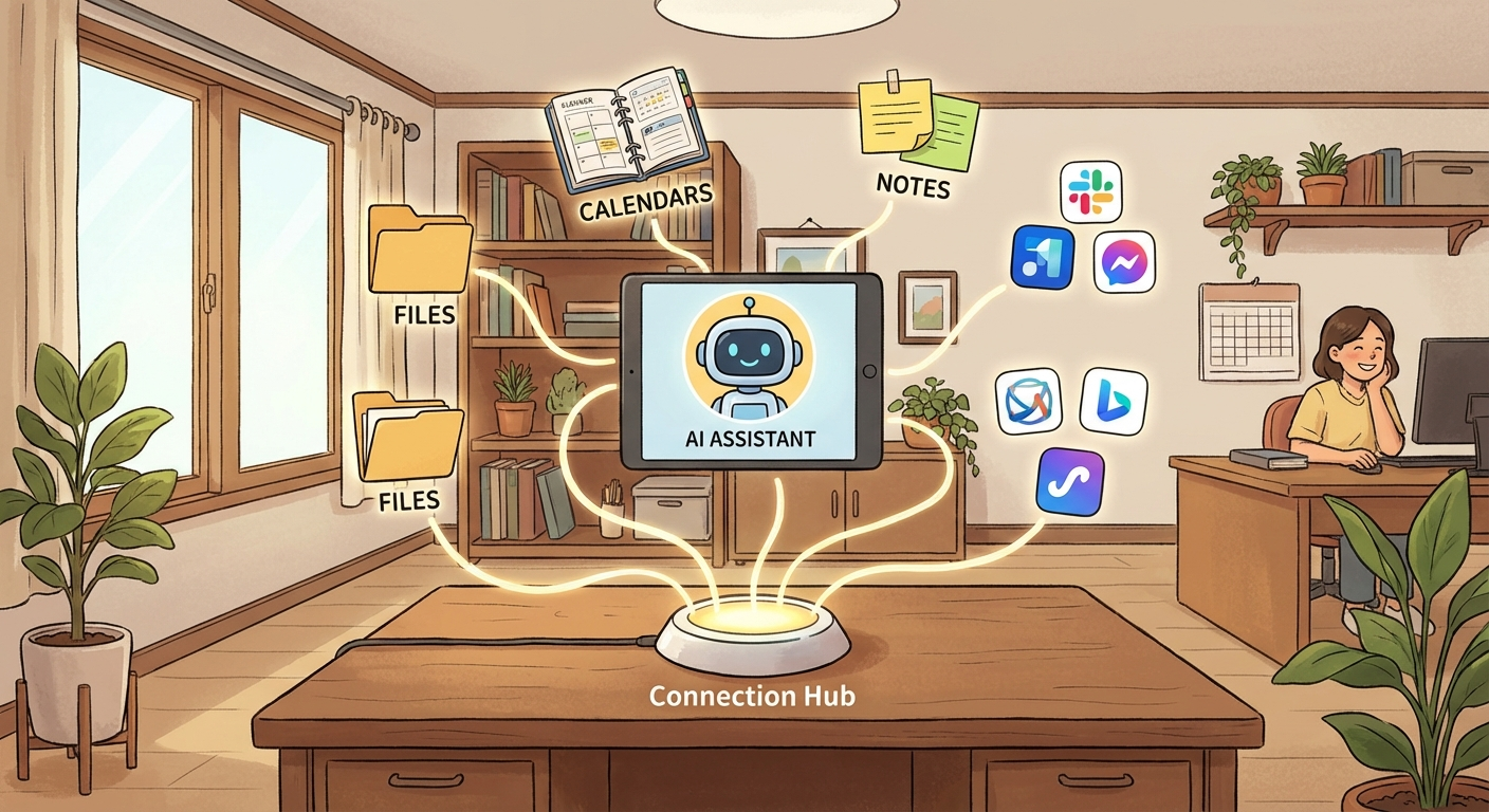 파일과 앱, 캘린더가 AI와 연결되는 구조의 일러스트