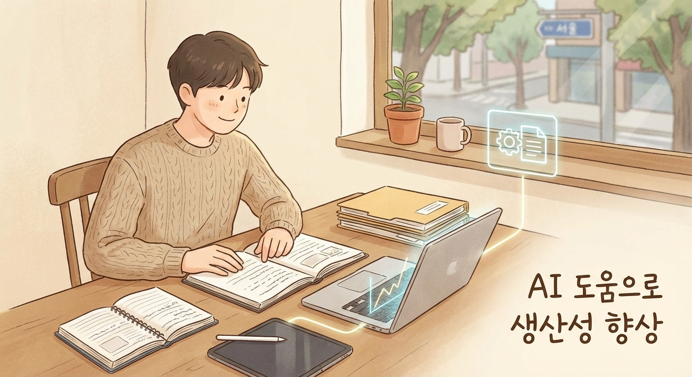 일반 사용자의 작업 맥락에 AI가 자연스럽게 붙는 모습을 보여주는 일러스트