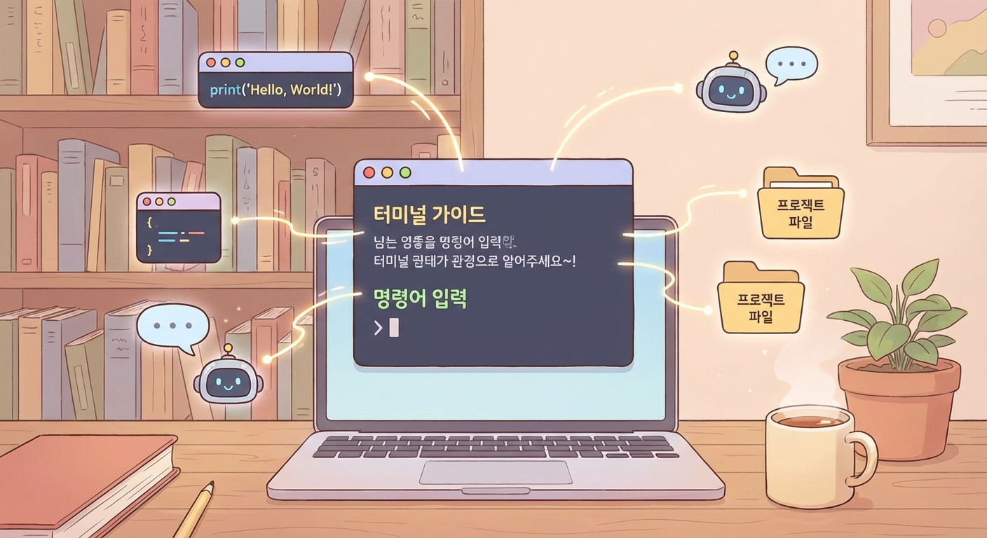 터미널, 프로젝트 파일, AI 도구가 연결되는 일러스트