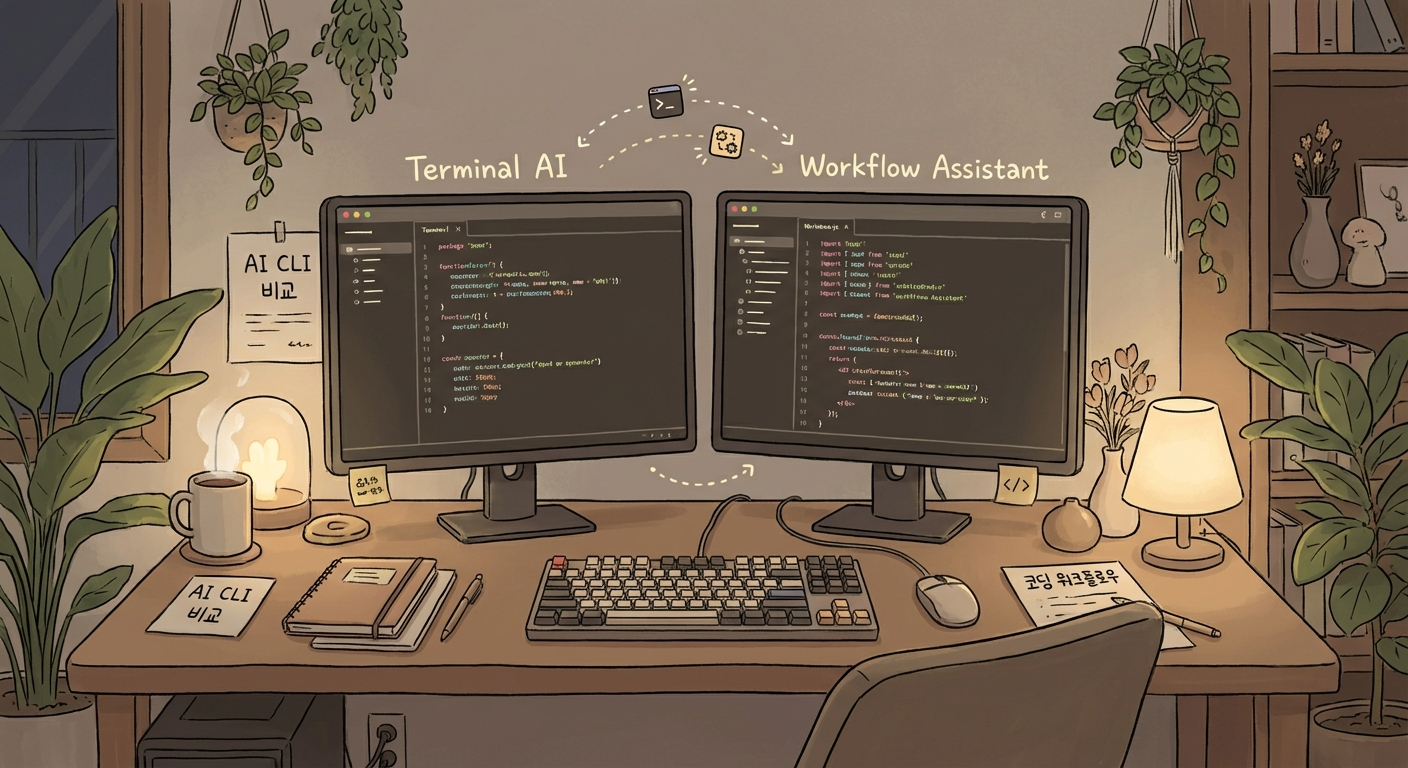 여러 AI CLI 흐름을 비교하는 일러스트