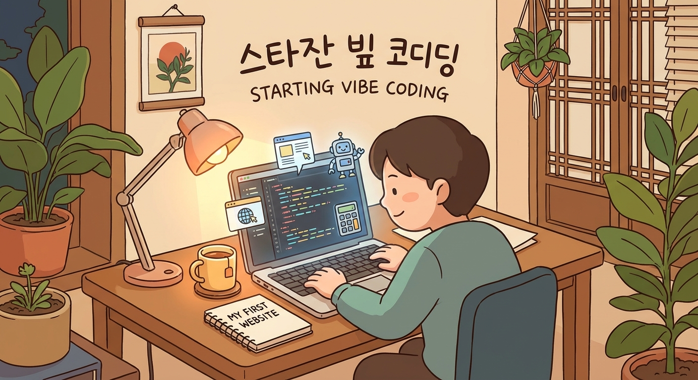 비전공자가 작은 바이브코딩 프로젝트를 시작하는 장면의 일러스트