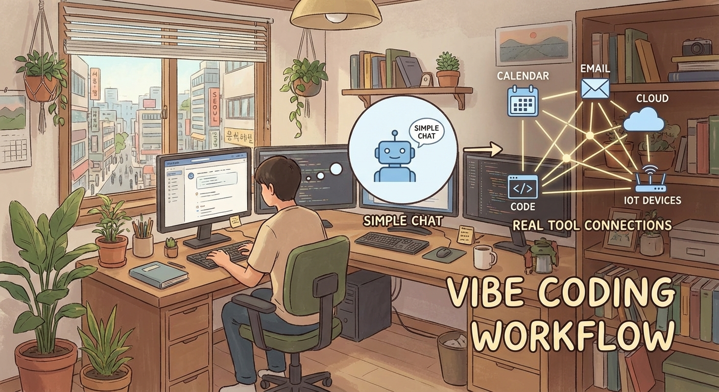 단순 채팅에서 도구 연결로 넘어가는 바이브코딩 흐름 일러스트