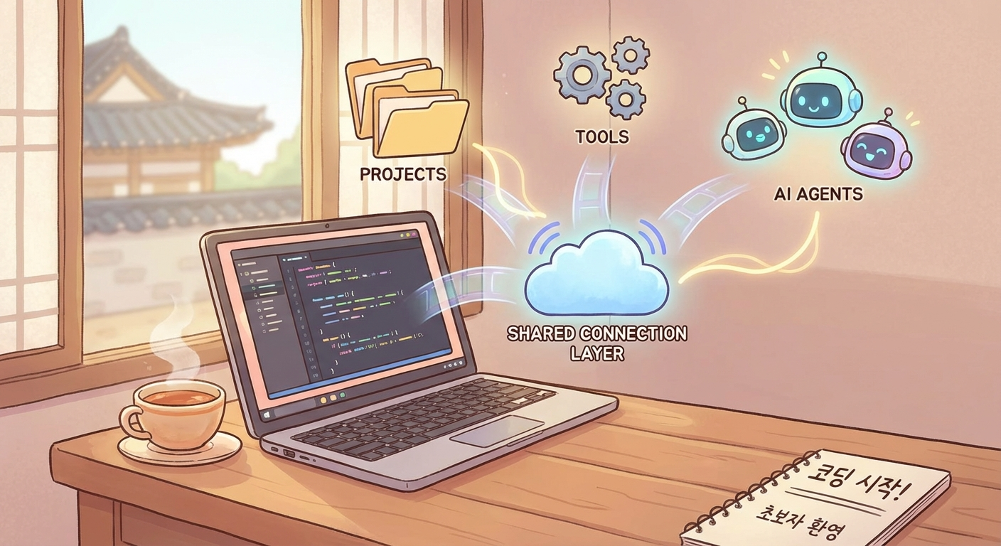 프로젝트 파일과 도구, AI가 공통 연결 흐름으로 이어지는 일러스트