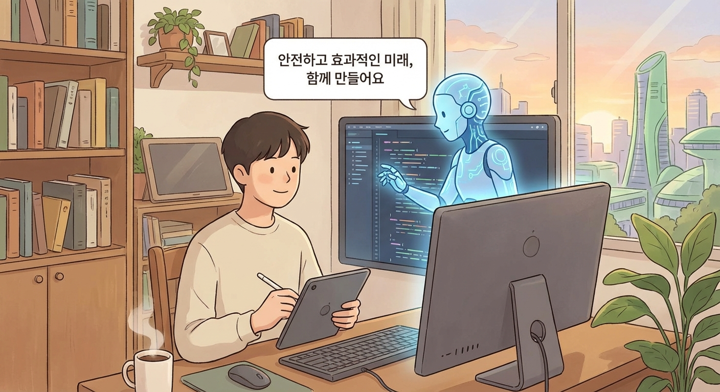 안전하고 구조화된 작업 환경 안에서 AI가 일하는 미래를 보여주는 일러스트