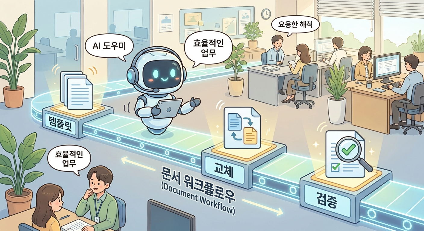 AI가 문서 초안 작업 절차를 따라가는 구조를 보여주는 일러스트