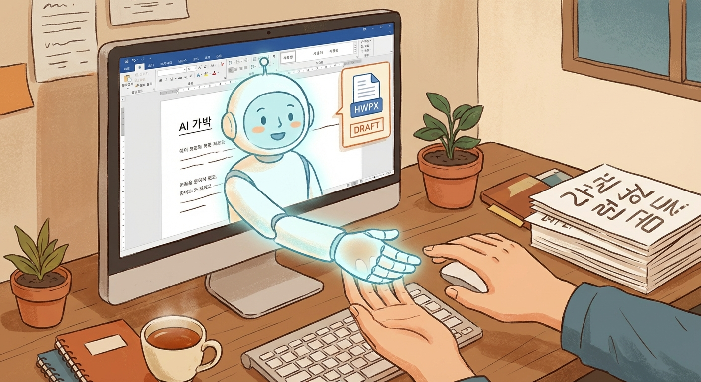 한글오피스 문서 초안 작업을 AI와 함께 줄여가는 장면의 일러스트
