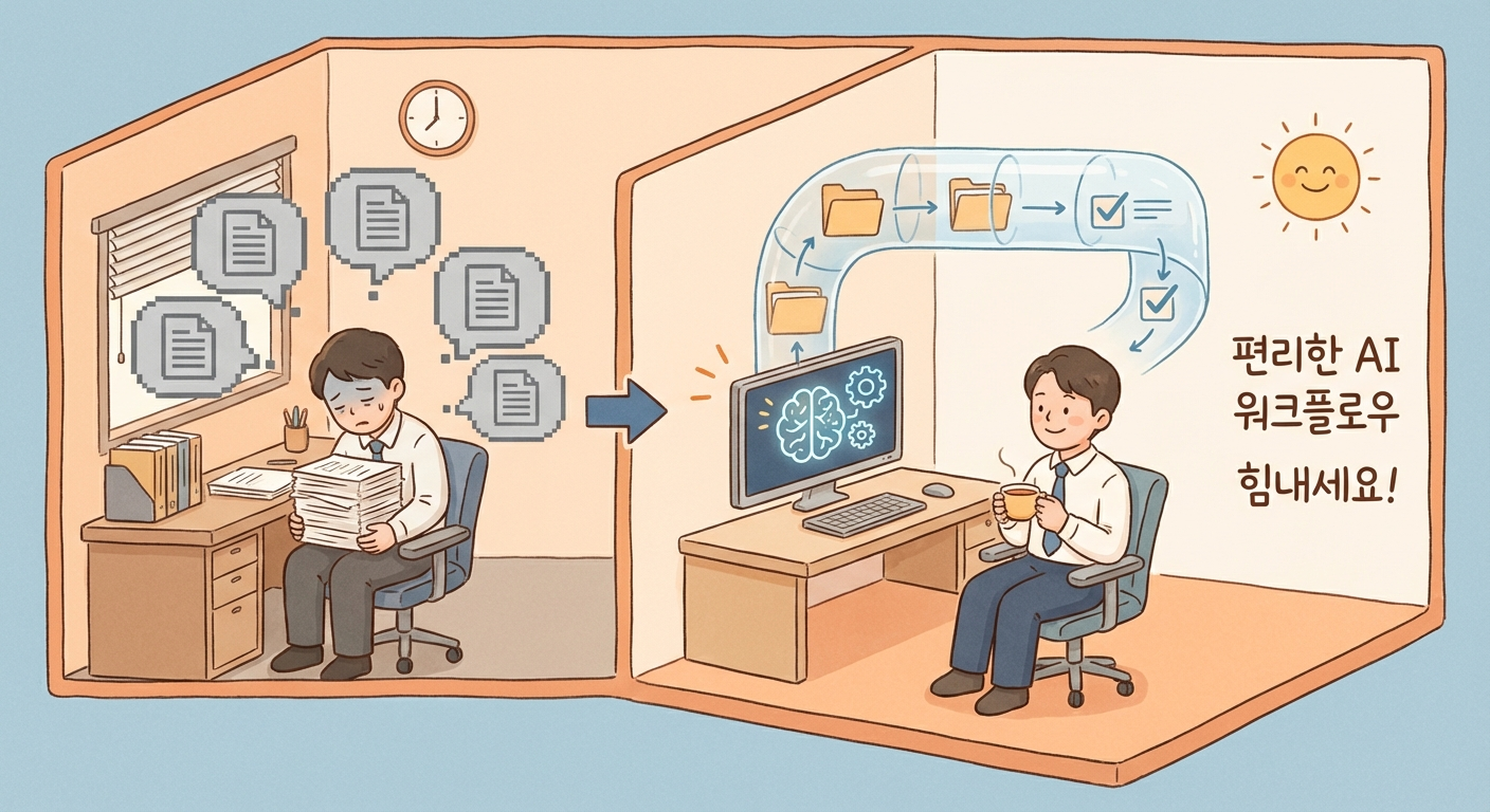 반복 업무가 줄어든 뒤 더 편해진 작업 환경을 보여주는 일러스트