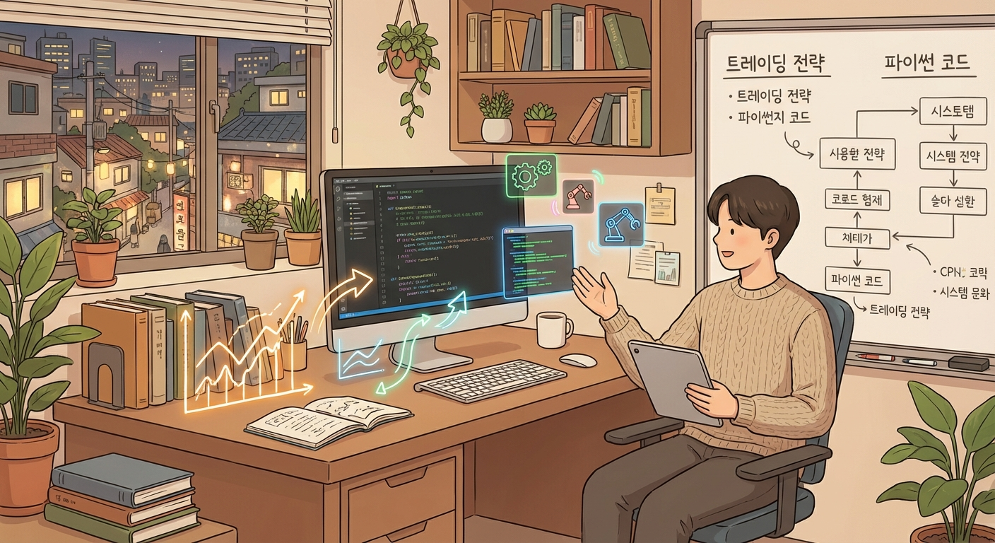 전략 아이디어가 파이썬 코드와 시스템 로직으로 바뀌는 장면의 일러스트