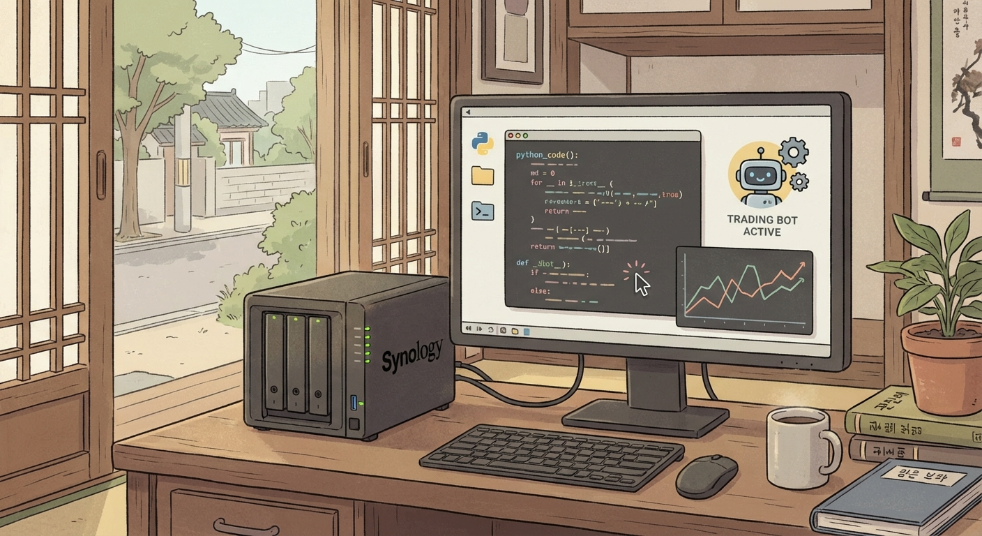 초기 자동매매 봇이 Synology NAS 환경에서 움직이기 시작하는 장면의 일러스트