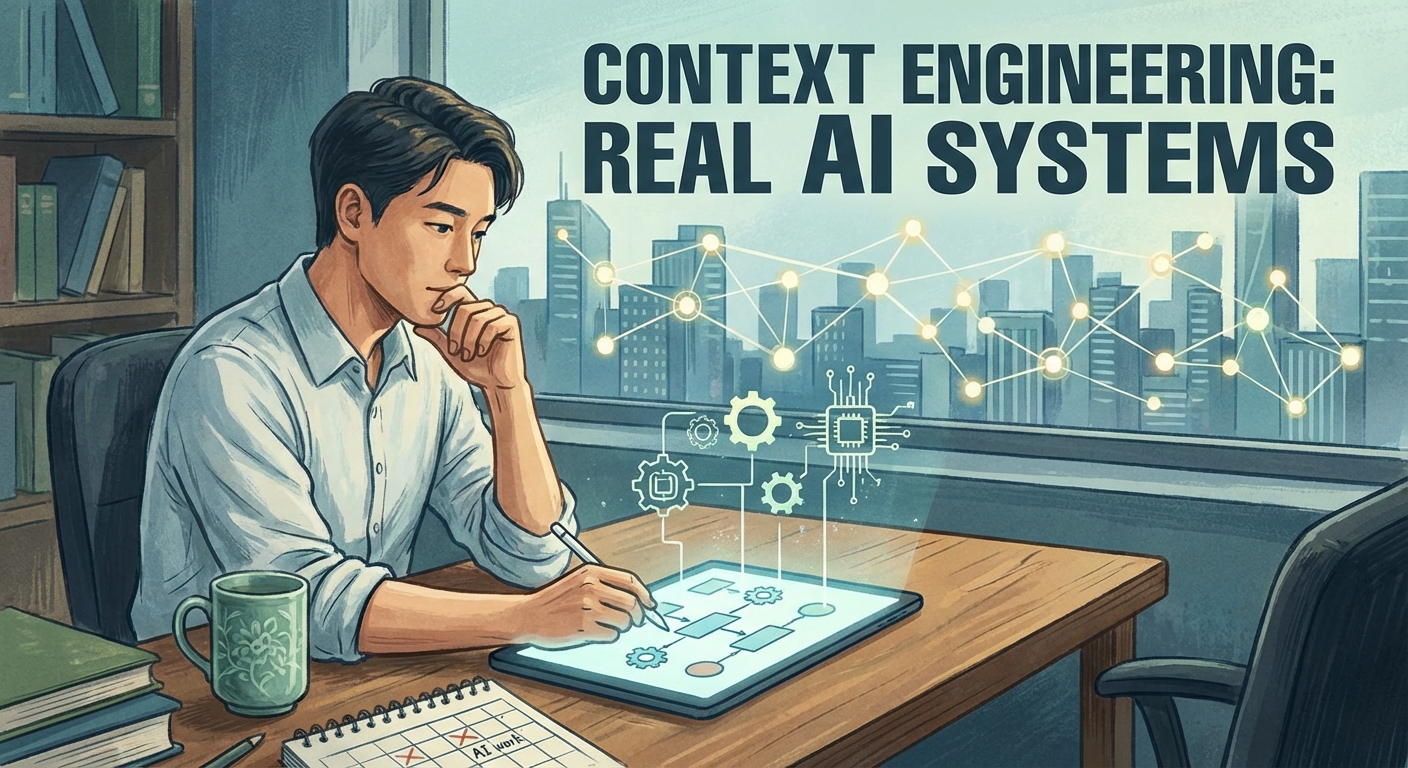 Context Engineering이 실전 AI 작업으로 이어지는 모습을 보여주는 일러스트