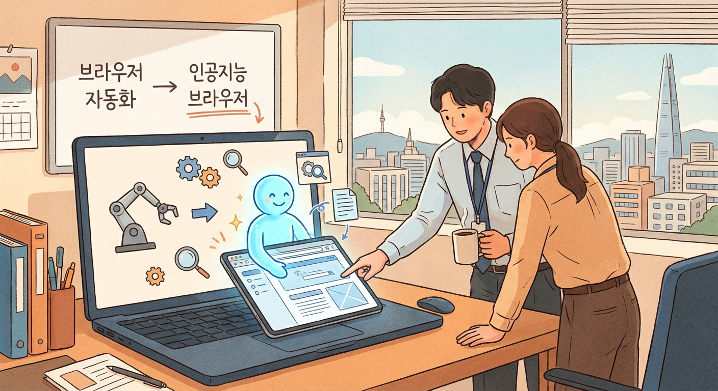 자동화가 AI 브라우저 사용으로 확장되는 흐름을 보여주는 일러스트