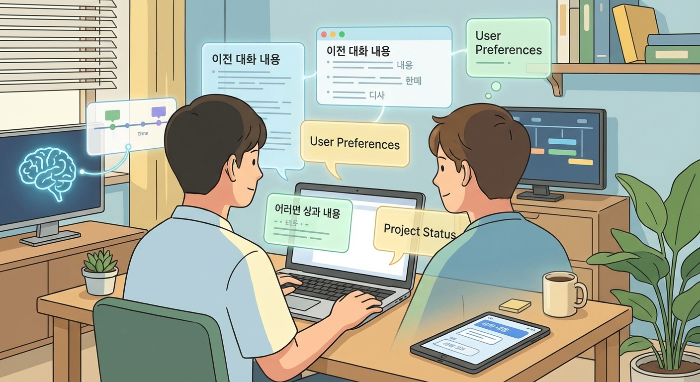 AI가 사용자 맥락을 이어서 기억하는 모습을 보여주는 일러스트
