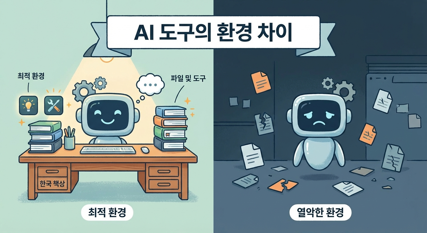 같은 AI라도 작업 환경에 따라 체감이 달라지는 모습을 보여주는 일러스트