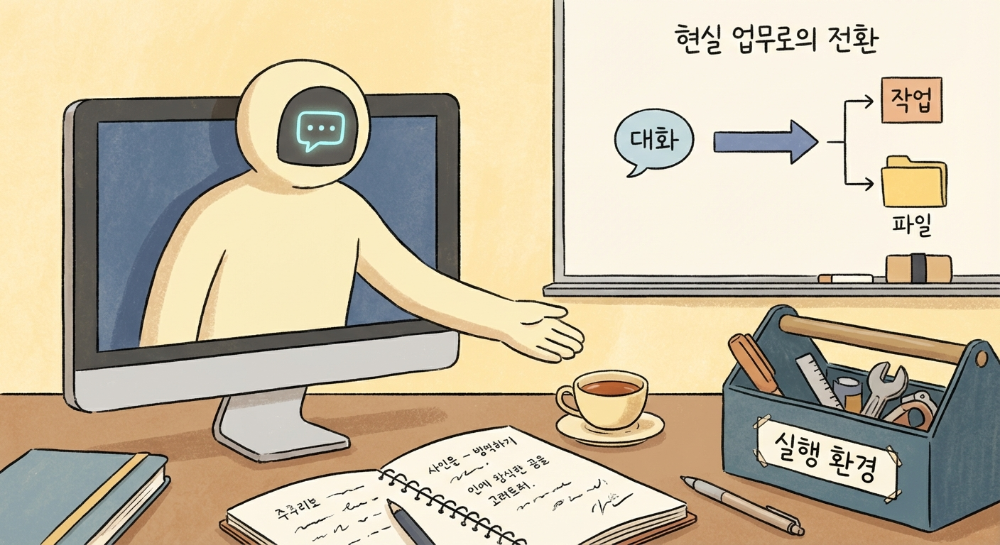 AI가 채팅을 넘어 실제 작업 환경으로 들어가는 모습을 보여주는 일러스트