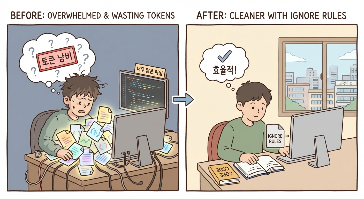 Claude Code가 너무 많은 파일을 읽으며 토큰을 쓰는 모습을 보여주는 일러스트