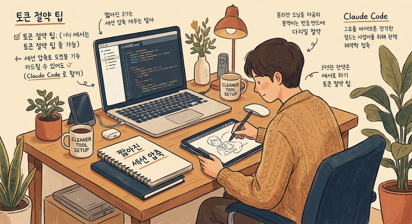 CLAUDE.md 최적화와 세션 정리 등 토큰 절약 팁을 보여주는 일러스트