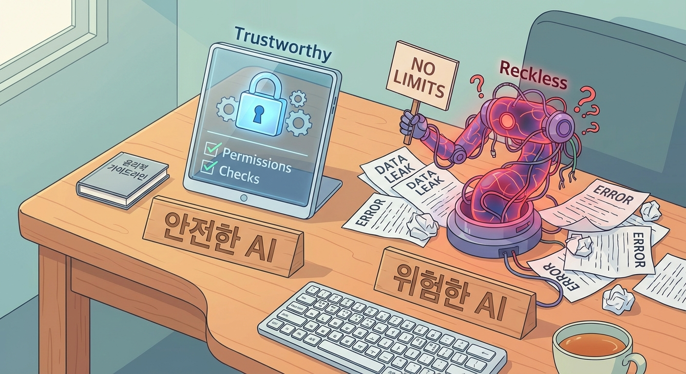 무리하게 움직이는 AI와 더 믿을 만한 AI 도구의 차이를 보여주는 일러스트