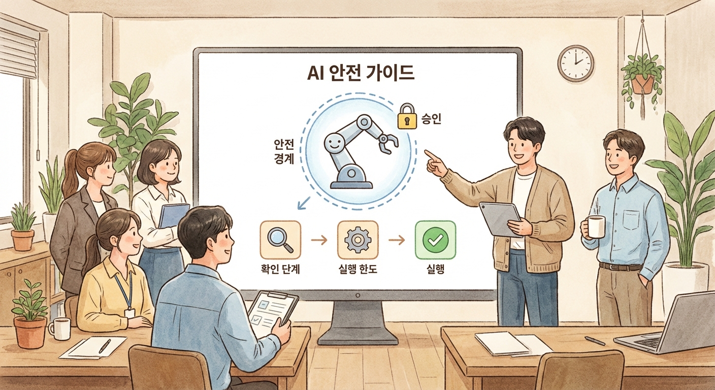 권한과 확인 절차, 실행 범위가 있는 작업 환경을 보여주는 일러스트