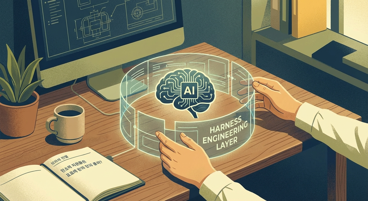 Harness Engineering이 신뢰 가능한 작업장 설계 층이라는 점을 보여주는 일러스트