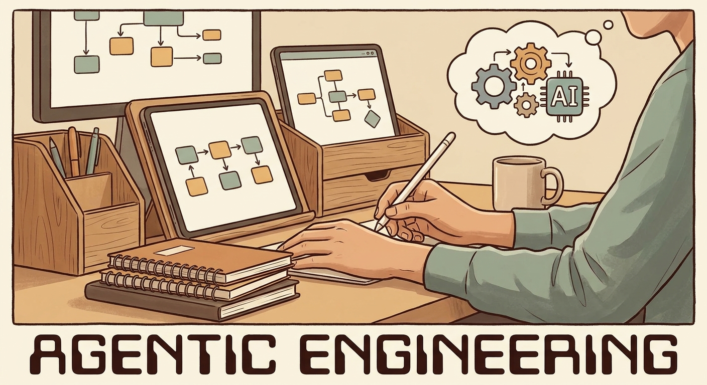 Agentic Engineering이 다단계 작업 흐름 설계라는 점을 보여주는 일러스트