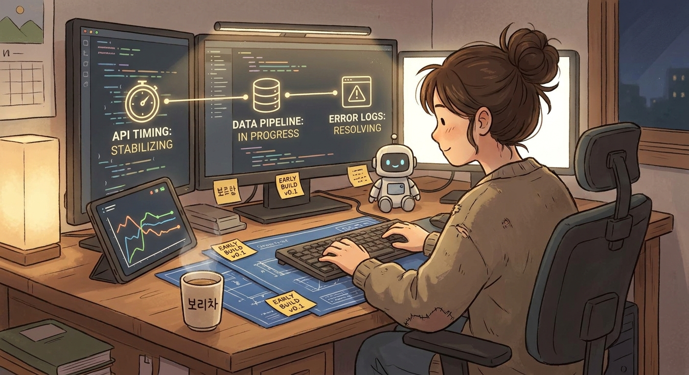 API 타이밍과 로그, 저장 흐름을 조정하며 데이터 파이프라인을 안정화하는 장면의 일러스트