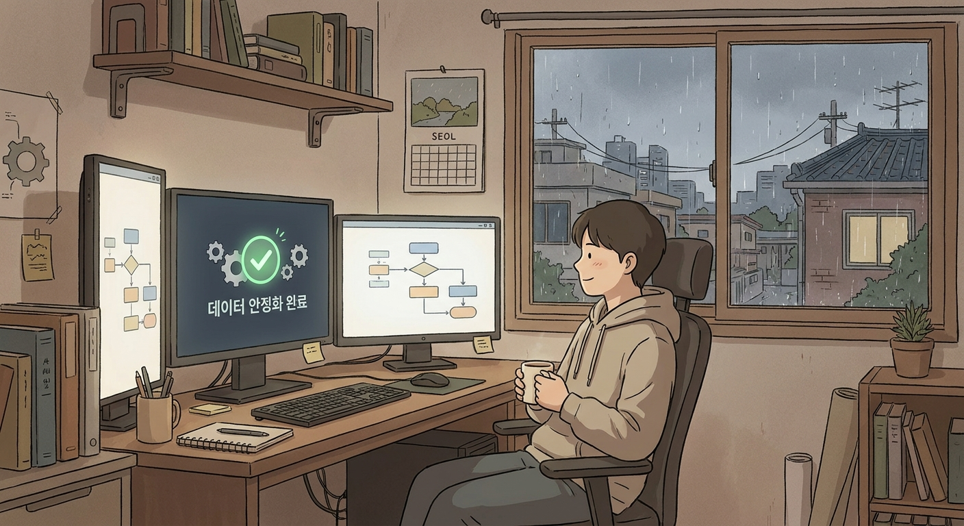 데이터 기반을 맞춘 뒤 더 신뢰할 수 있는 자동매매 시스템이 되는 장면의 일러스트