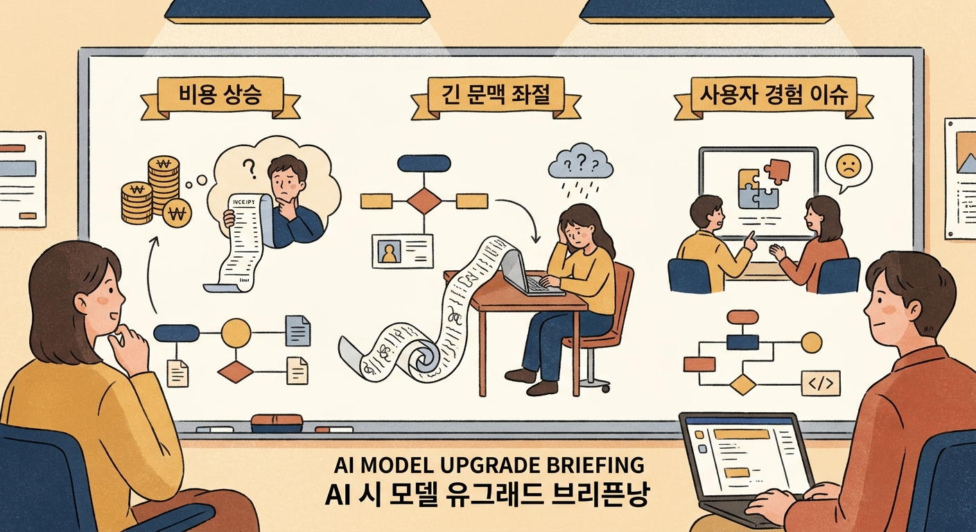 토큰 사용량과 긴 컨텍스트 체감 불만을 보여주는 일러스트