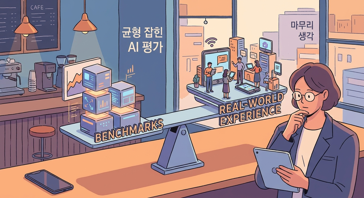 벤치마크와 실제 체감을 함께 봐야 한다는 균형적 평가를 보여주는 일러스트