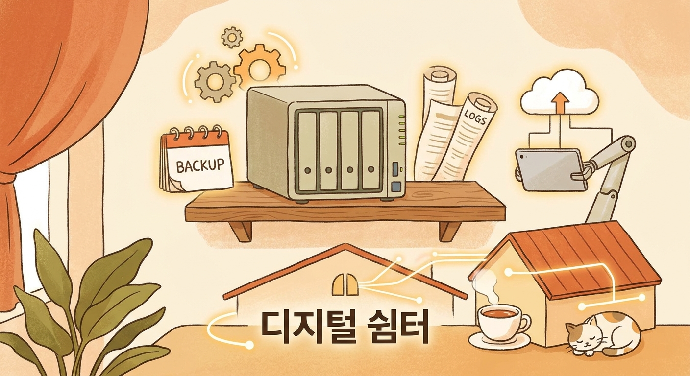 백업과 자동화, 로그 흐름이 붙은 운영 환경을 표현한 일러스트