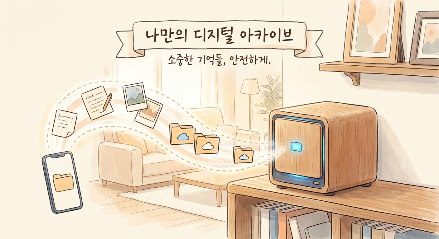 모바일 기록과 파일이 집 안의 NAS 구조로 이어지는 모습을 표현한 일러스트