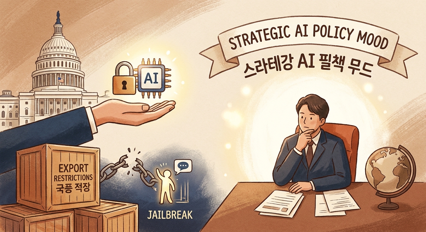 미국 정부의 전략적 통제와 frontier AI 규제를 표현한 일러스트