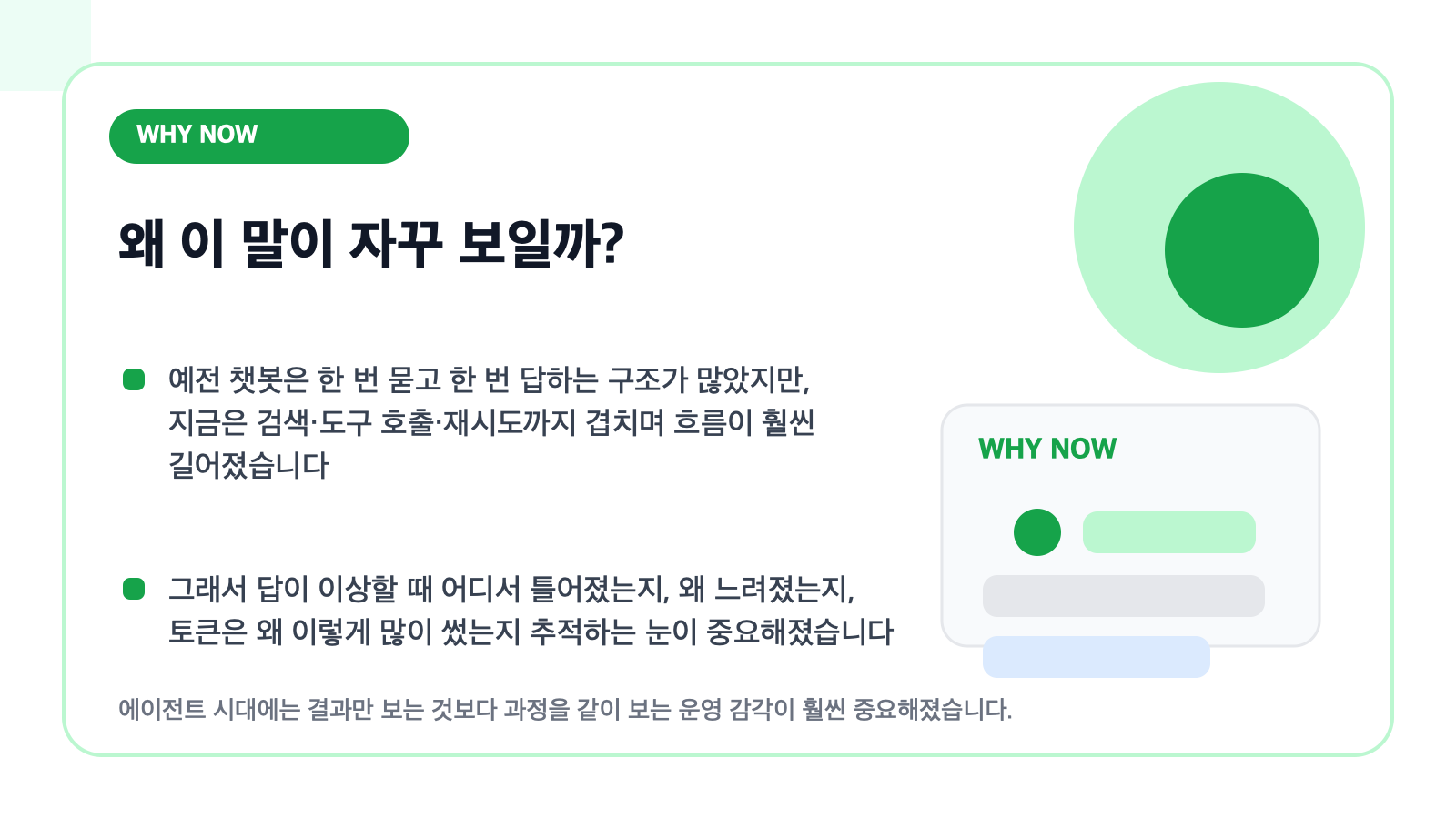왜 LLM 옵저버빌리티가 자주 보이는지 설명하는 카드형 일러스트
