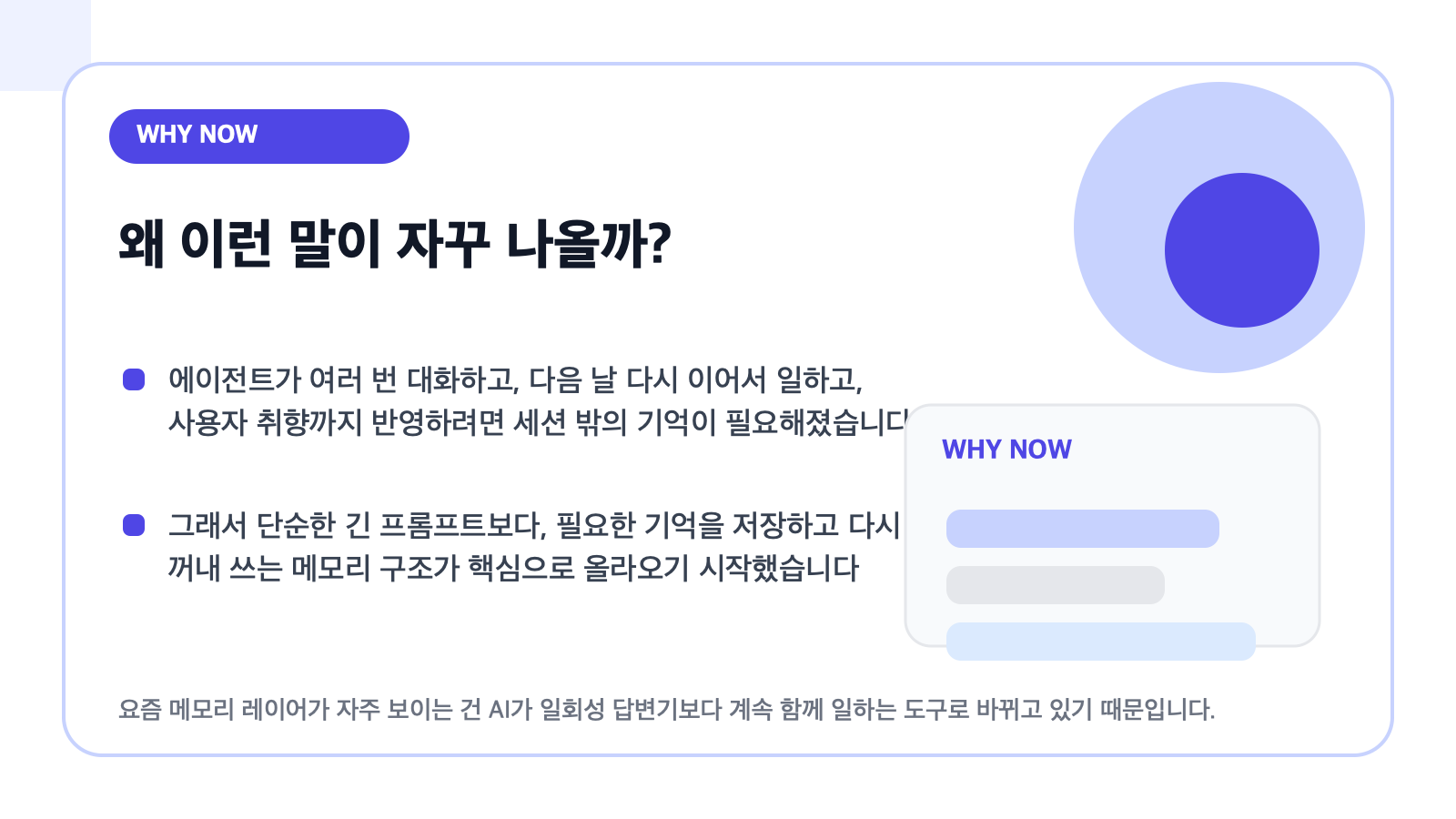 왜 AI 에이전트 메모리가 자주 보이는지 설명하는 카드형 일러스트